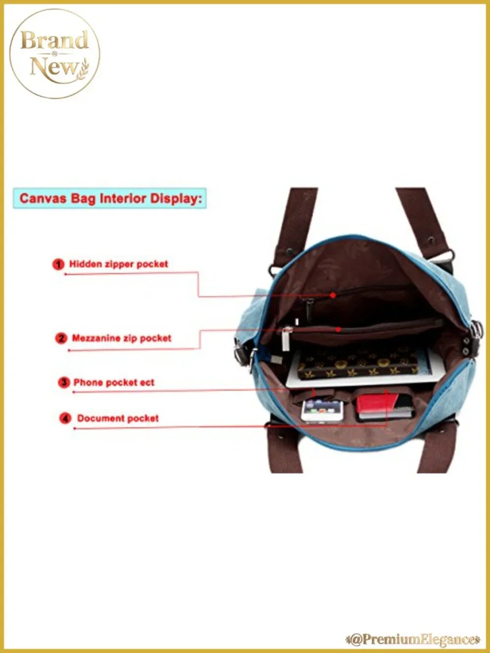 Canvas Vegan Leather Hobo Shoulder Tote with Adjustable Strap, Zip Pockets